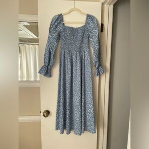 Floral Blue Smocked Midi Dress
